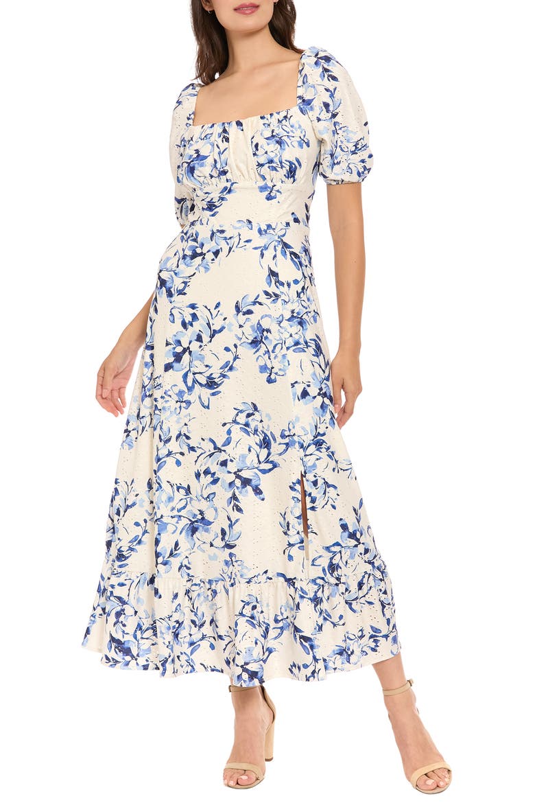 Floral Puff Sleeve Empire Waist Midi Dress, Main, color, IVORY / DEEP BLUE