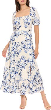 London Times Floral Puff Sleeve Empire Waist Midi Dress