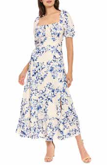 London Times Floral Puff Sleeve Empire Waist Midi Dress