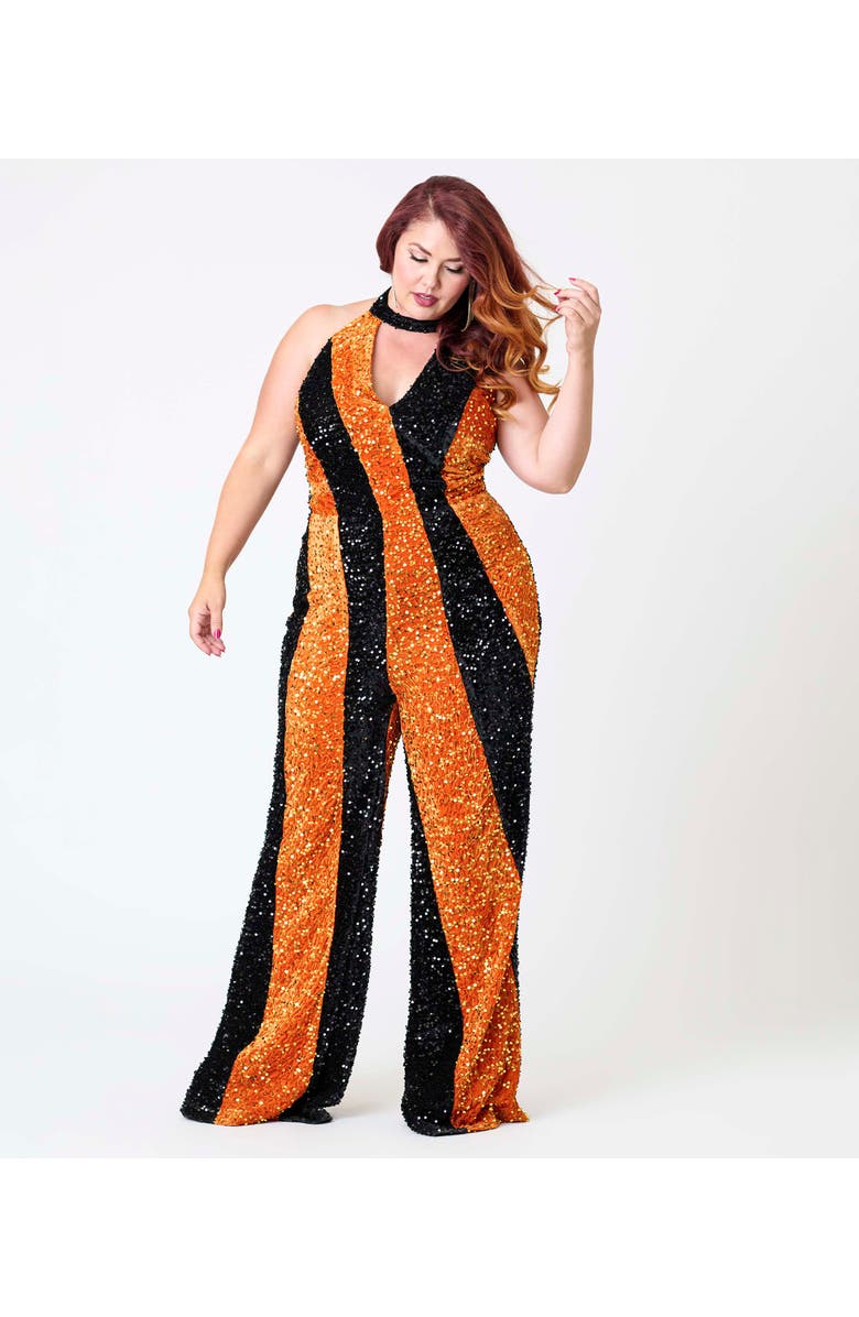 Smak Parlour Plus Size Sashed Sleeveless Halter Glamour Goddess Jumpsuit, Alternate, color, Orange/ Black