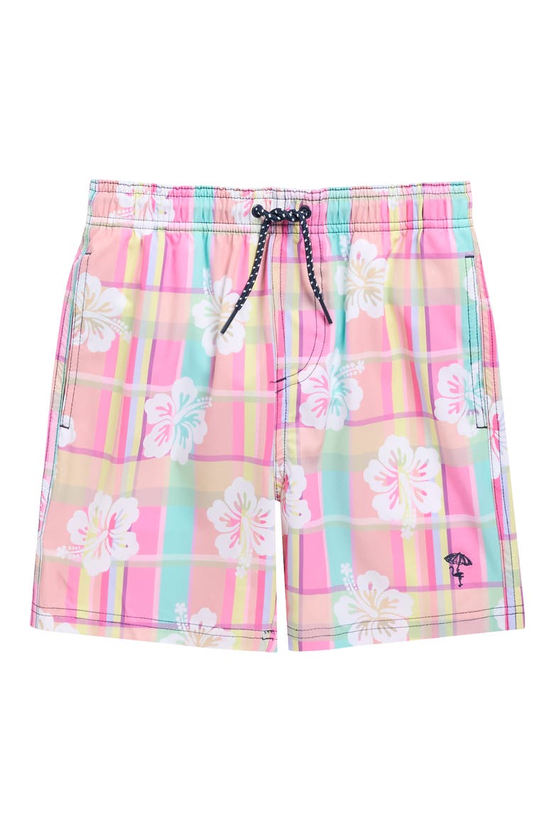 Kids' Hibiscust Plaid Swim Trunks, Main, color, PINK MULTI