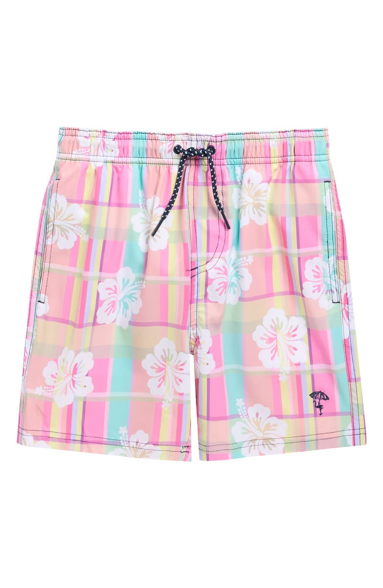 Shade Critters Kids' Hibiscust Plaid Swim Trunks, Main, color, Pink Multi
