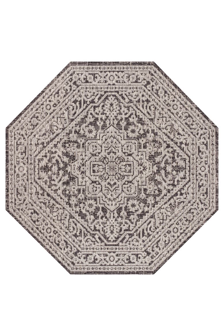 Sinjuri Medallion Textured Weave Octagon Indoor/Outdoor Area Rug, Main, color, Gray/Black
