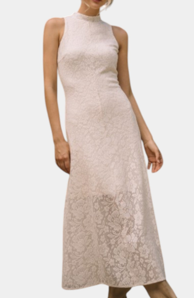 Modenaire Textured Sleeveless Midi Dress with Mock Neck and Lace Hem Inset, Alternate, color, 