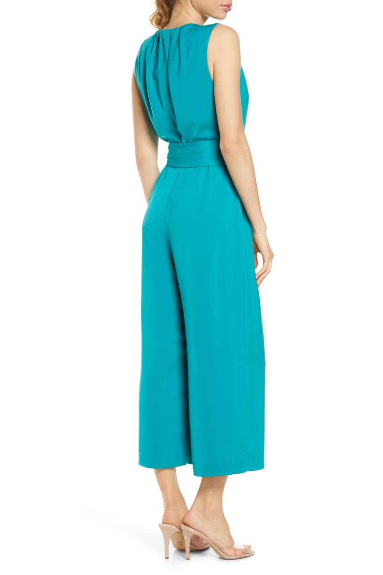 Pleated Neck Sleeveless Culotte Jumpsuit, Alternate, color, PEACOCK