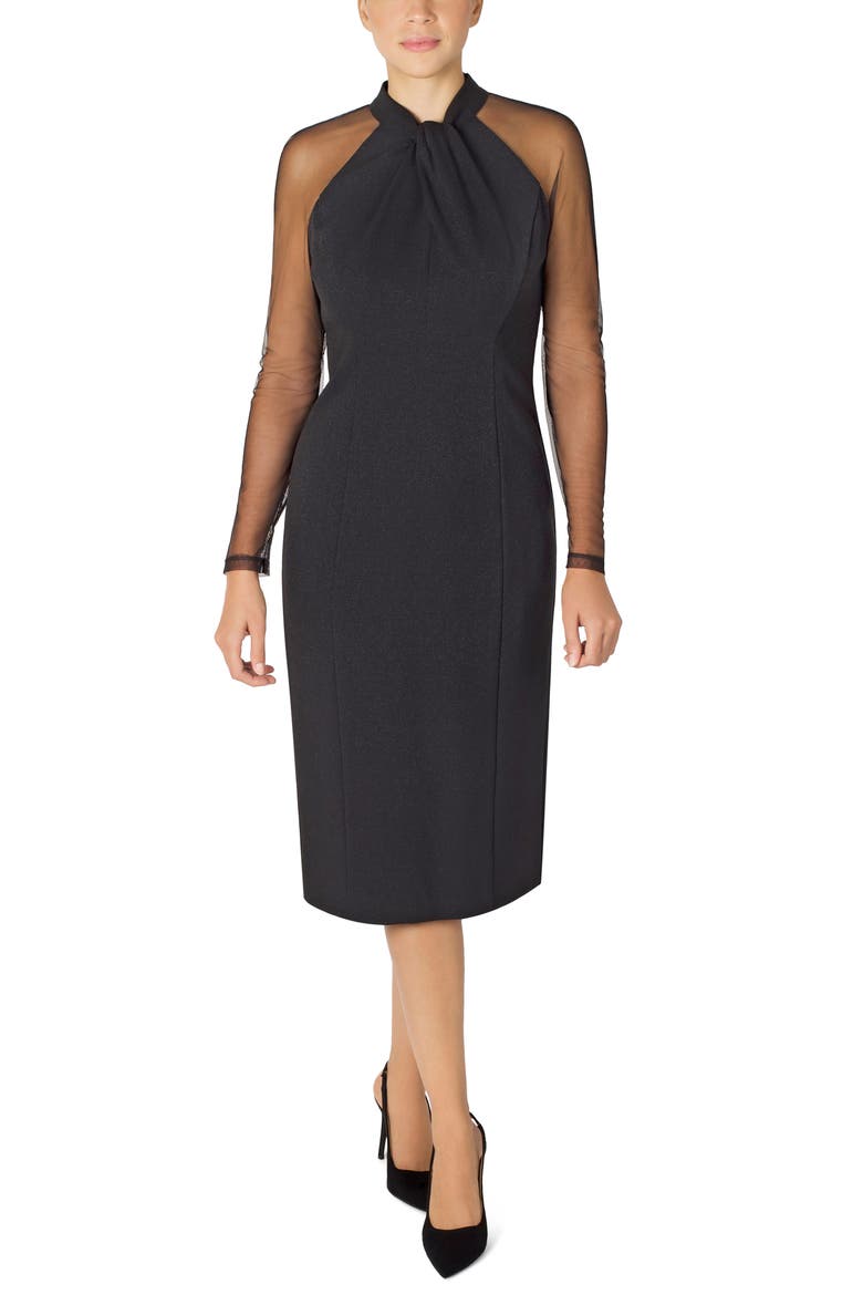 Twist Neck Illusion Long Sleeve Midi Dress, Main, color, BLACK