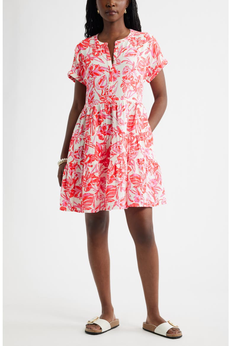 Cotton Gauze Tiered Popover Dress, Main, color, IVORY- PINK ELLIE BLOSSOM