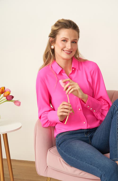 Shop Cece Faux Pearl Button-up Shirt In Pink Shock