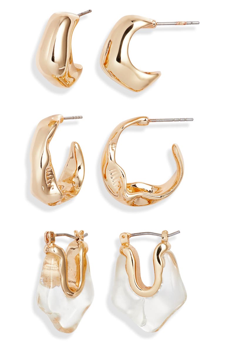 Set of 3 Organic Shape Hoop Earrings, Main, color, CLEAR- GOLD