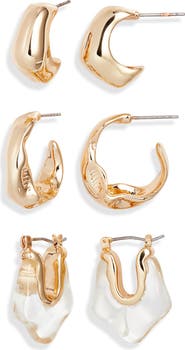 Open Edit Set of 3 Organic Shape Hoop Earrings