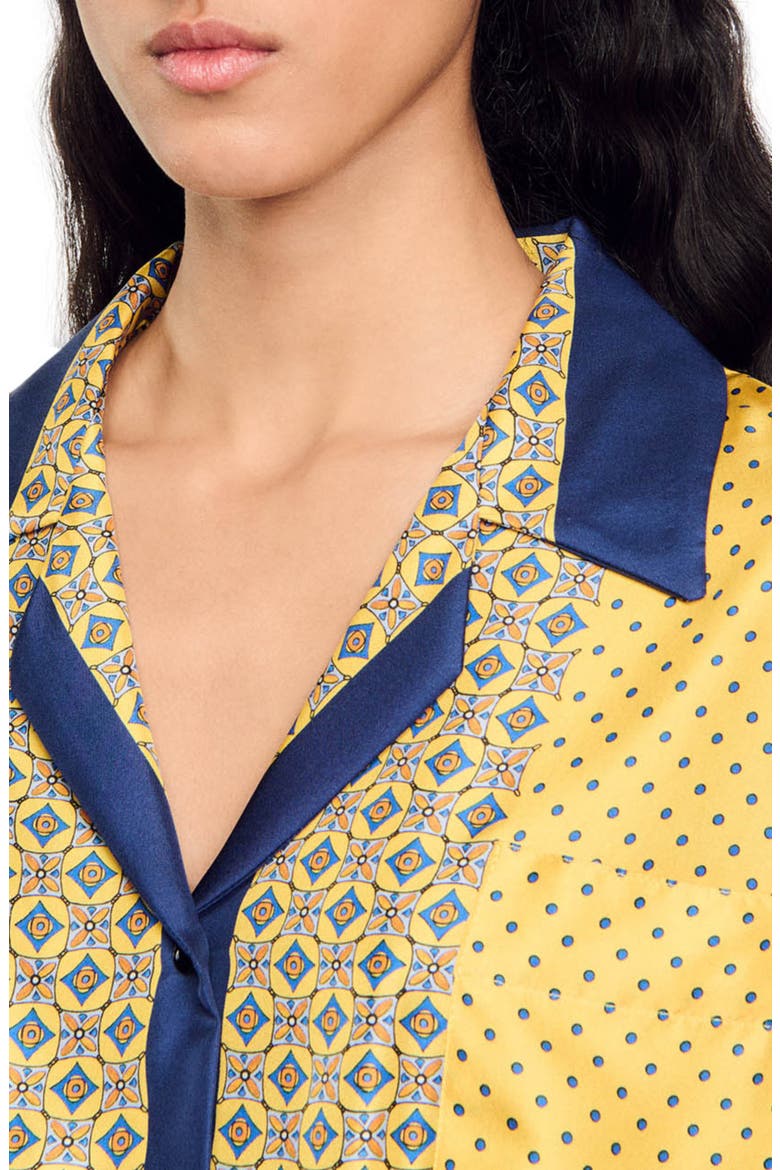Short patterned flowing silk shirt, Alternate, color, Yellow / blu