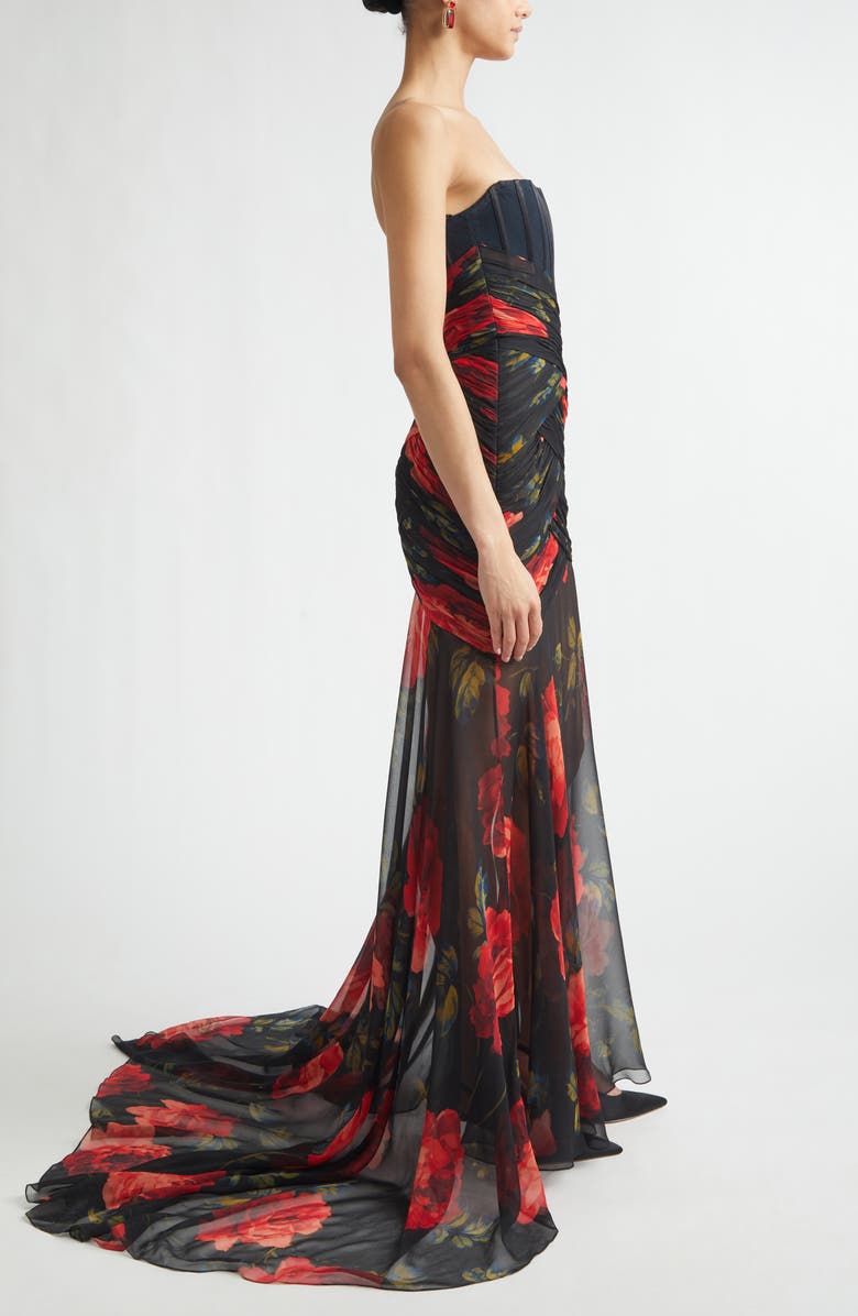 Carolina Herrera Rose Print Silk Chiffon Bustier Gown, Alternate, color, Black Multi