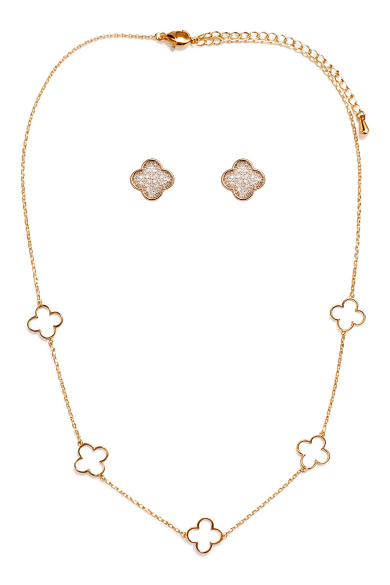Pavé Cubic Zirconia Clover Stud & Station Chain Necklace, Alternate, color, GOLD