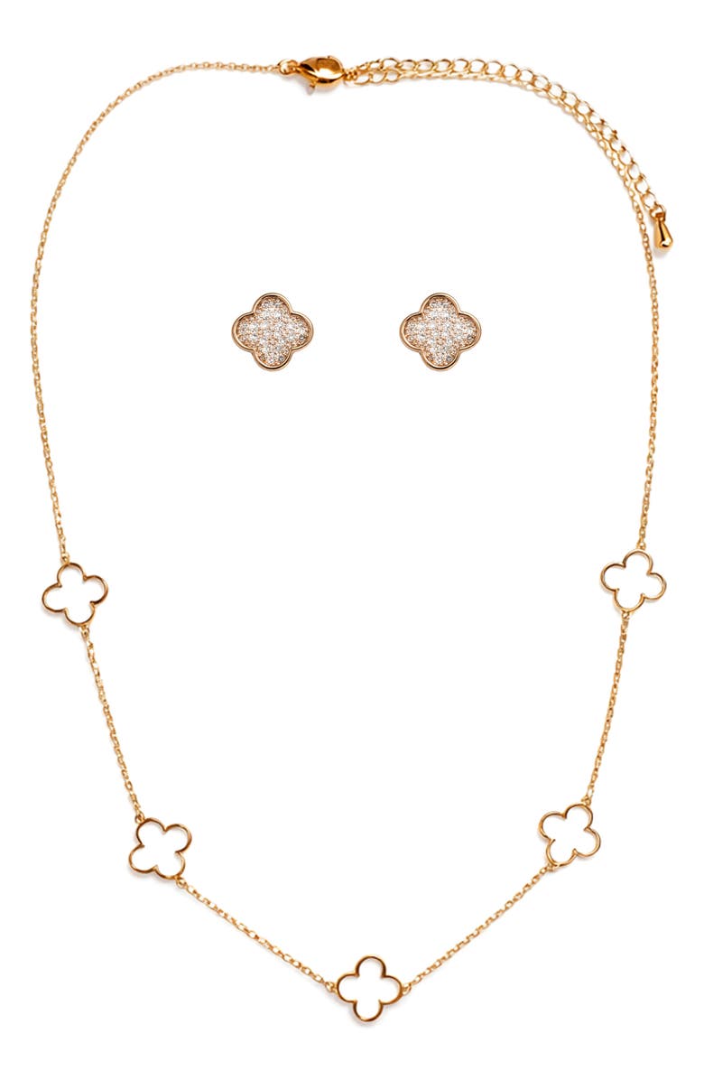 Panacea Pavé Cubic Zirconia Clover Stud & Station Chain Necklace, Alternate, color, Gold