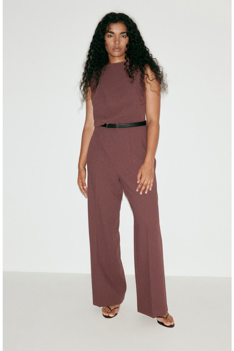 Sleeveless Belted Jumpsuit, Alternate, color, BROWN
