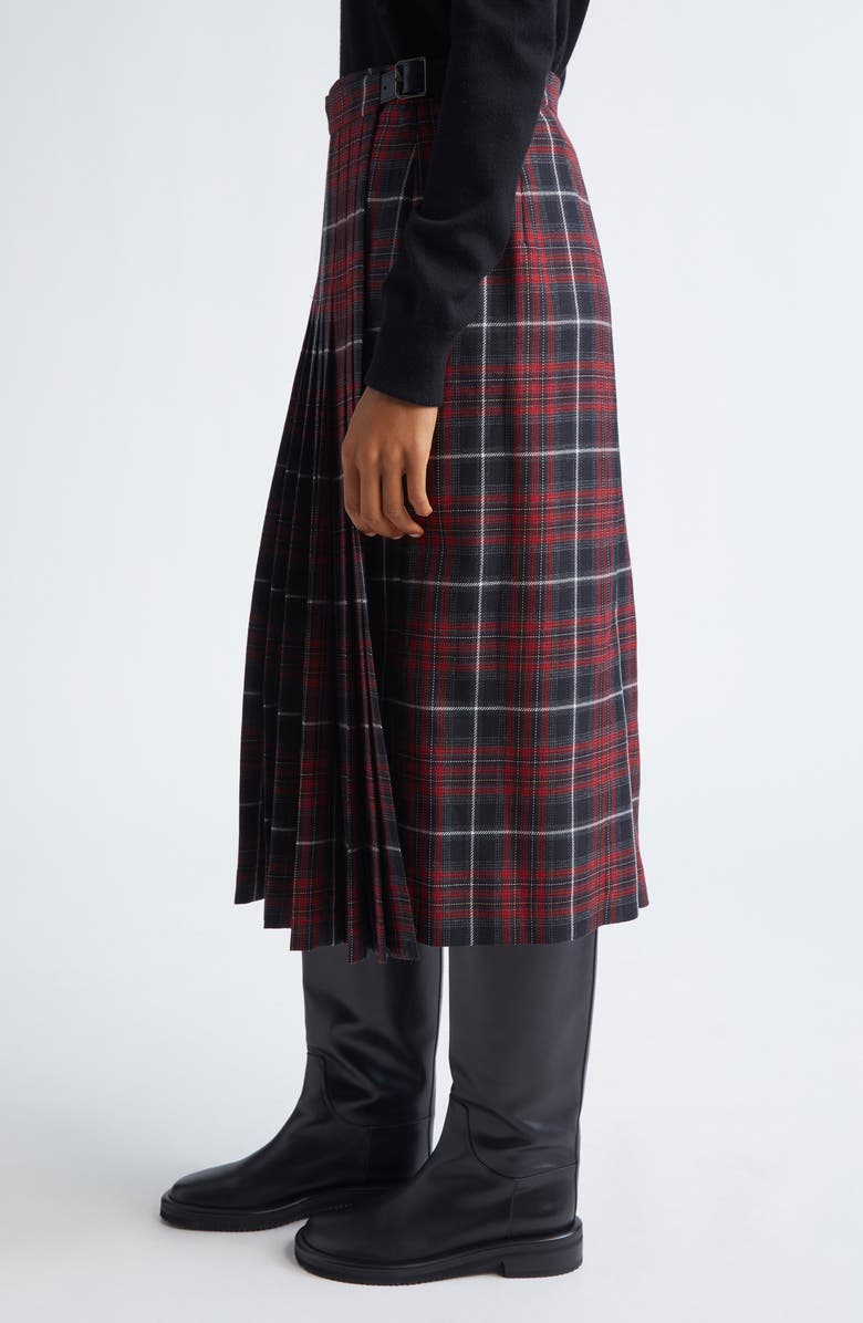 Burberry Tartan Pleated Midi Skirt, Alternate, color, Cool Grey/ Cranberry Red Check