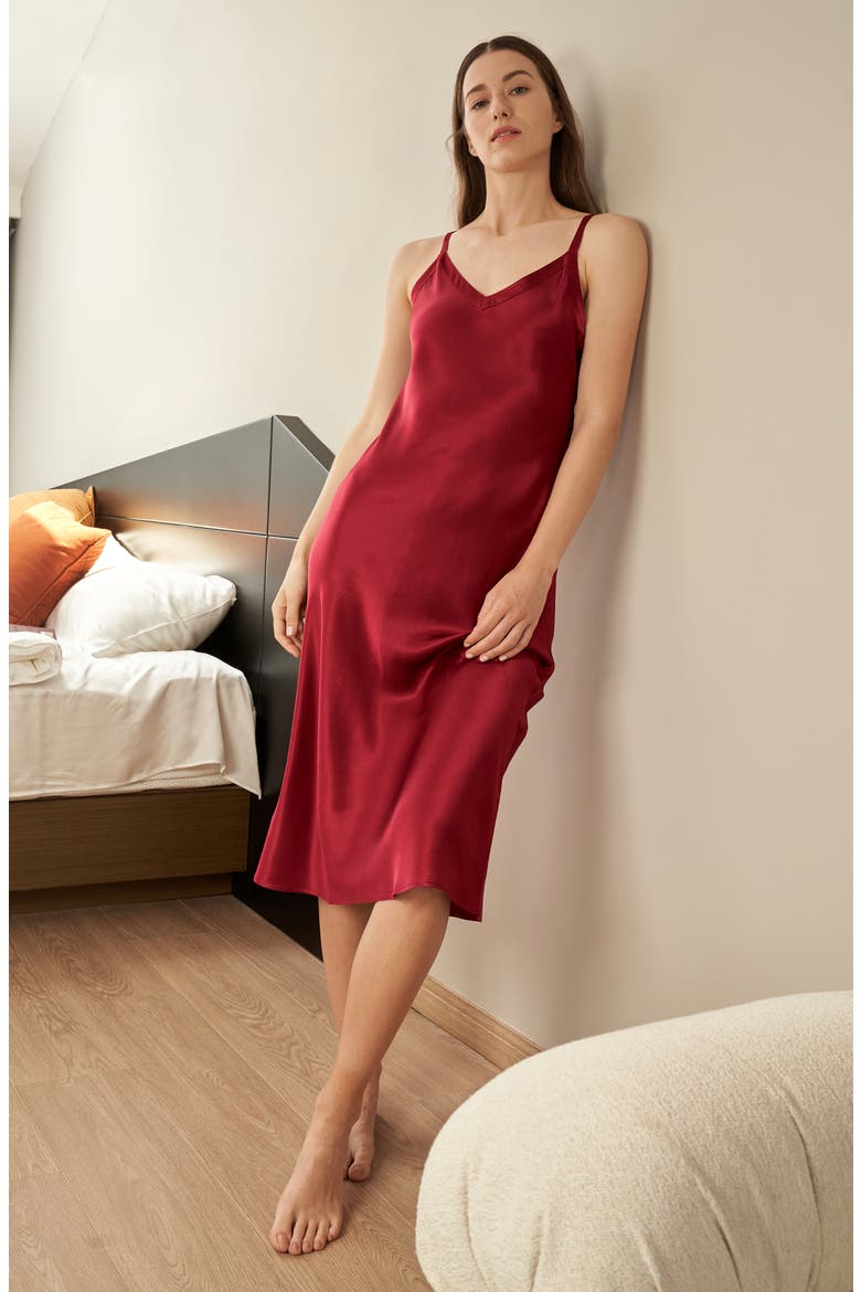 Long & Close Fitting Silk Nightgown, Alternate, color, Claret
