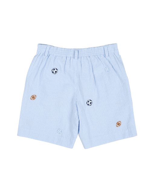 Florence Eiseman Check Seersucker Short With Embroidered Sport Balls In Blue