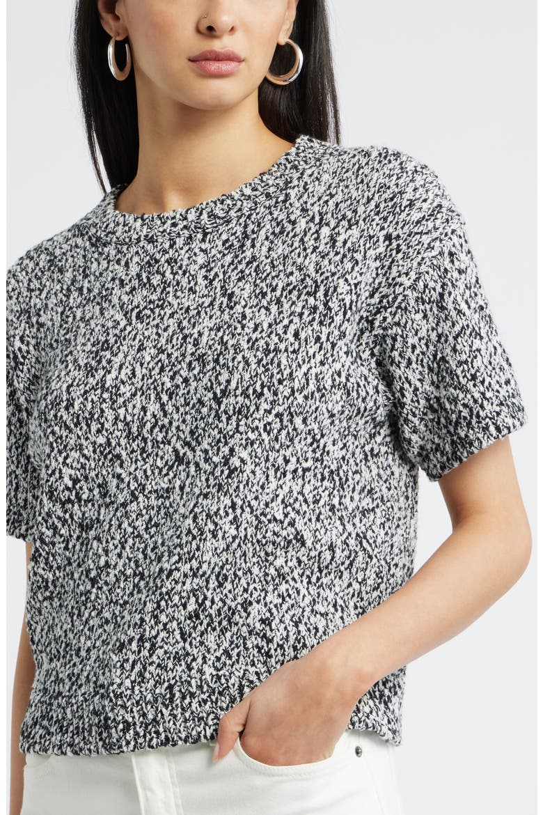 Marled Knit Short Sleeve Sweater, Alternate, color, BLACK-IVORY MARL