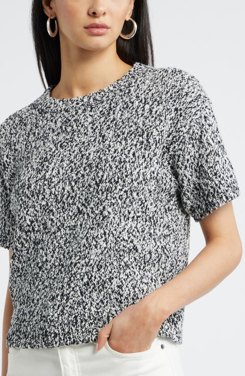 Nordstrom Marled Knit Short Sleeve Sweater, Alternate, color, Black-Ivory Marl