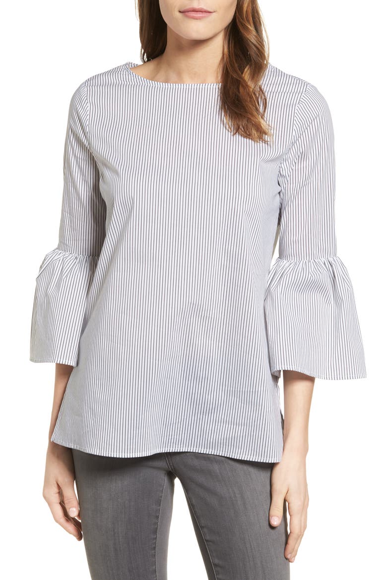 Gibson Bell Sleeve Poplin Top, Main, color, WHITE/ CHARCOAL