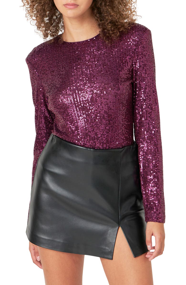 Endless Rose Sequin Long Sleeve Bodysuit, Main, color, Purple