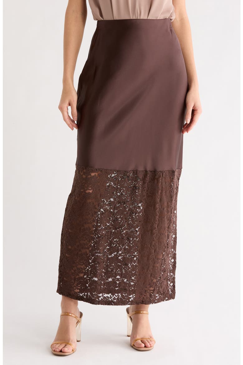 Lace Trim Satin Maxi Skirt, Main, color, BROWN