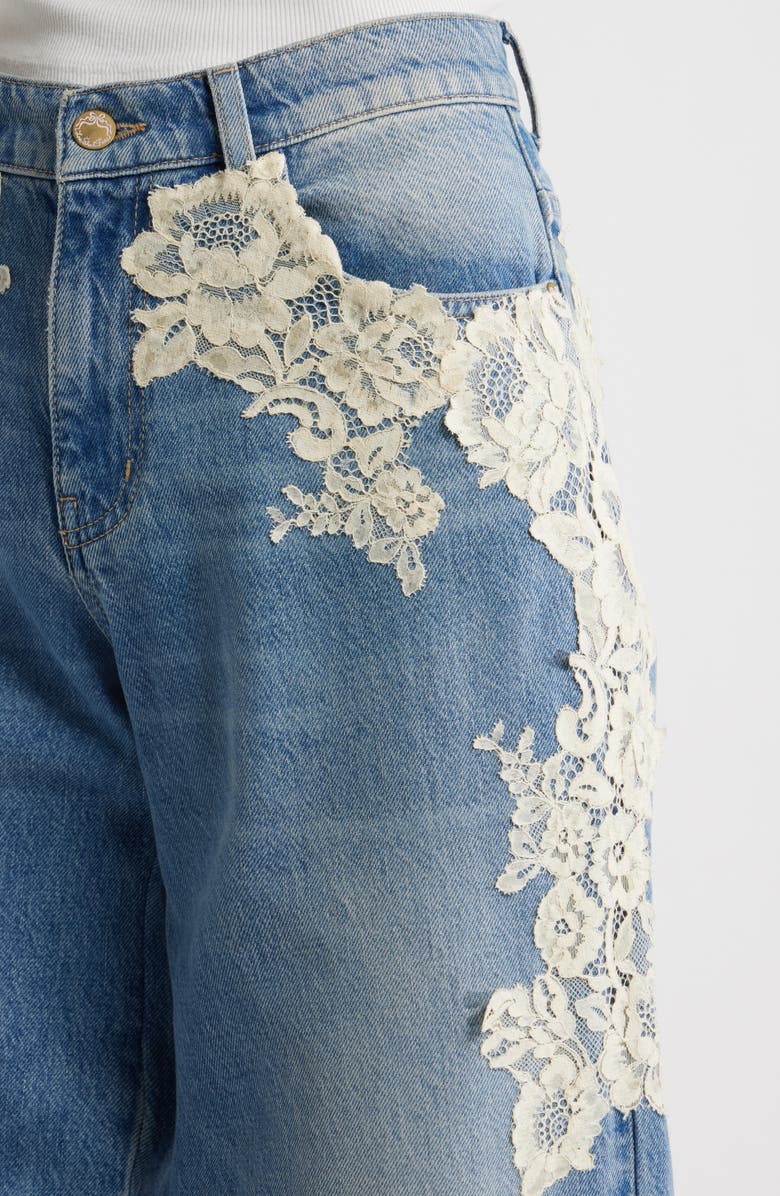 LoveShackFancy Bambie Lace Wide Leg Jeans, Main, color, Faded Blue