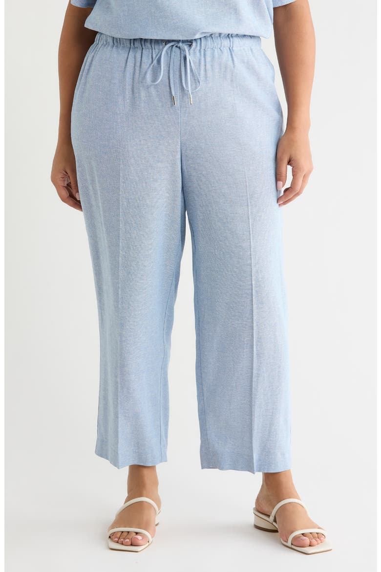 Crop Wide Leg Drawstring Linen Blend Pants, Main, color, LAGOON/ CRISP WHITE