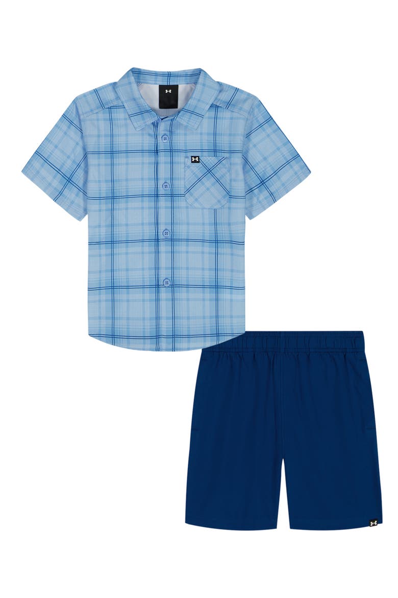 Kids' Plaid Button-Up Shirt & Shorts Set, Main, color, HORIZON BLUE