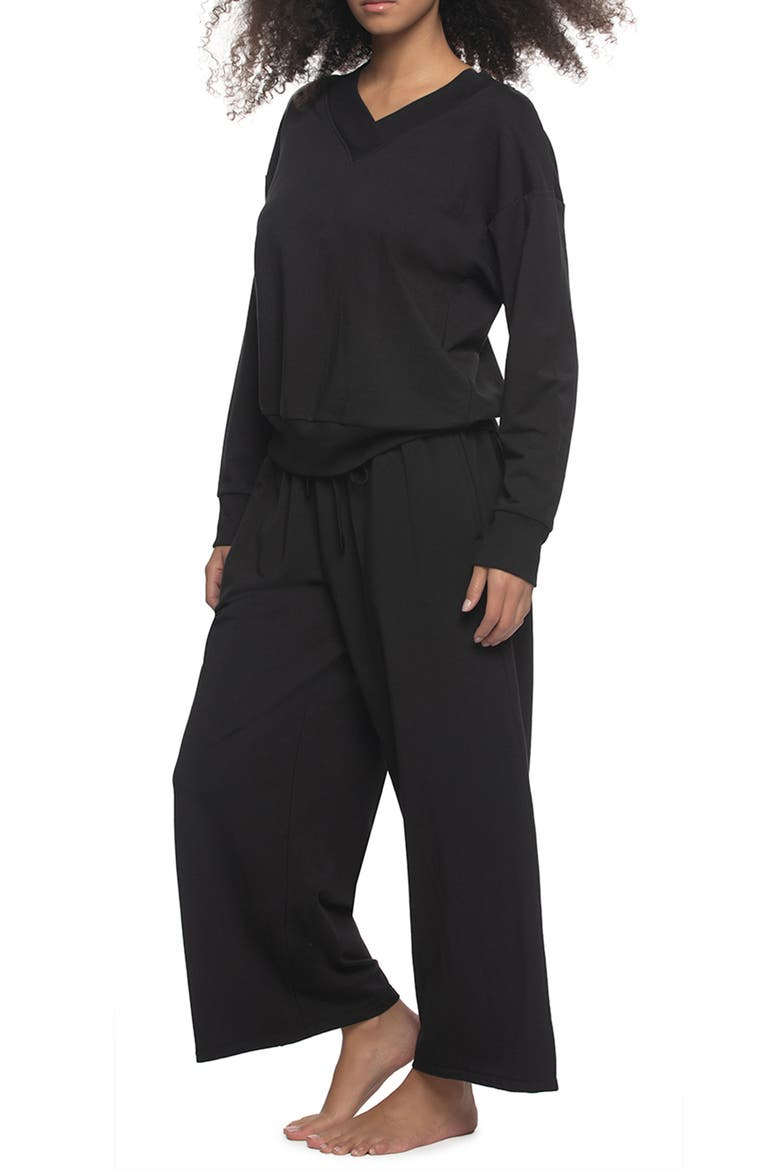 Kimora Relaxed Fit Wide Leg Stretch Cotton Blend French Terry Pajamas, Main, color, BLACK