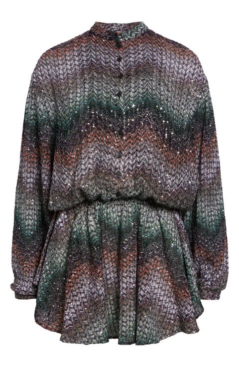 Metallic Zigzag Sequin Long Sleeve Knit Minidress