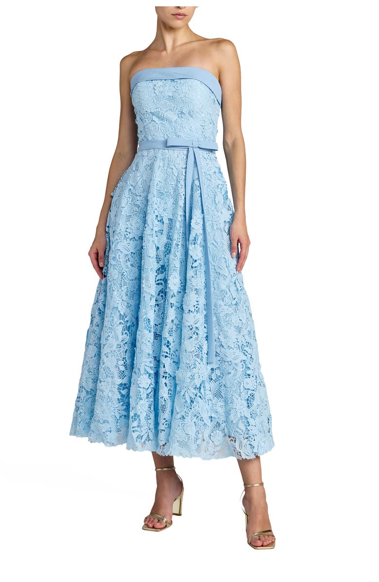 Mac Duggal Embroidered Lace Strapless Midi Dress With Bow Detail, Main, color, Powder Blue