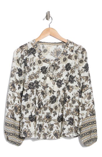 Lucky Brand Border Print Split Neck Top In Natural Multi