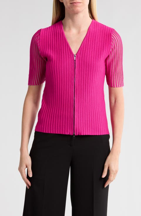 Short Sleeve Zip Front Ribbed Cardigan