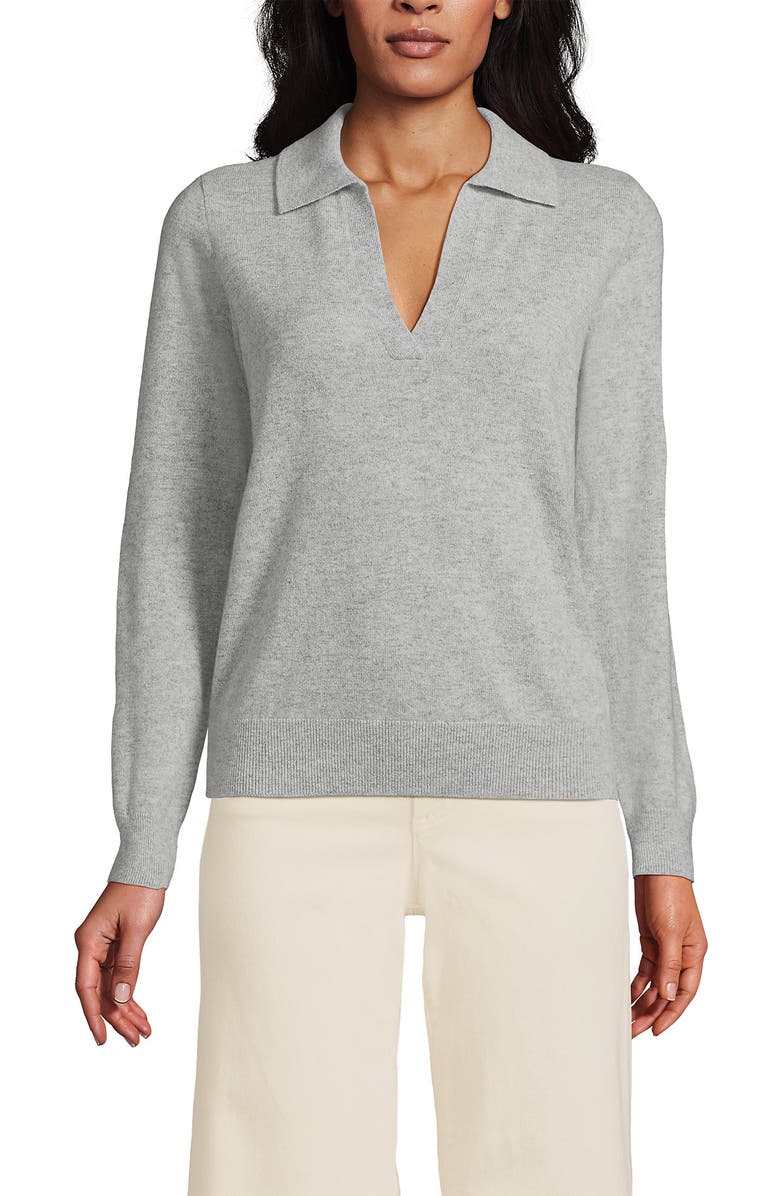 Lands' End Cashmere Johnny Collar Sweater, Main, color, Light Gray Heather