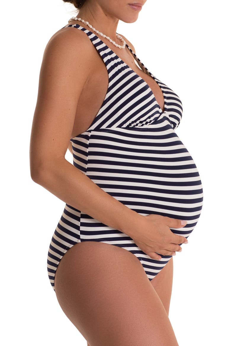 Marina Stripe One-Piece Maternity Swimsuit, Alternate, color, NAVY/ WHITE