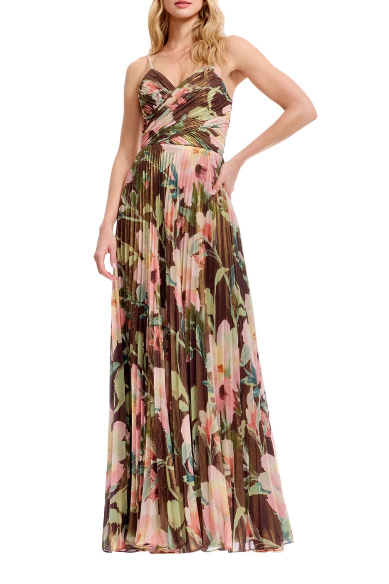 Floral Print Pleated Chiffon Gown, Main, color, MOCHA MULTI