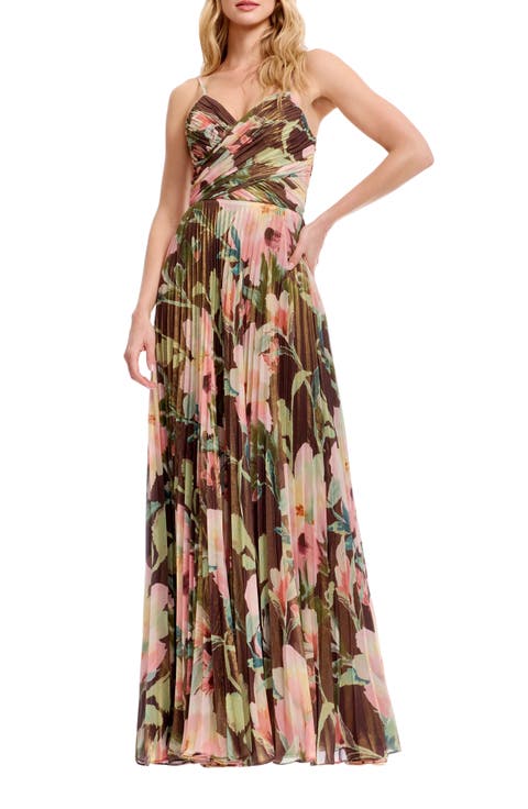 Floral Print Pleated Chiffon Gown