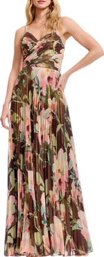 Dress the Population Floral Print Pleated Chiffon Gown