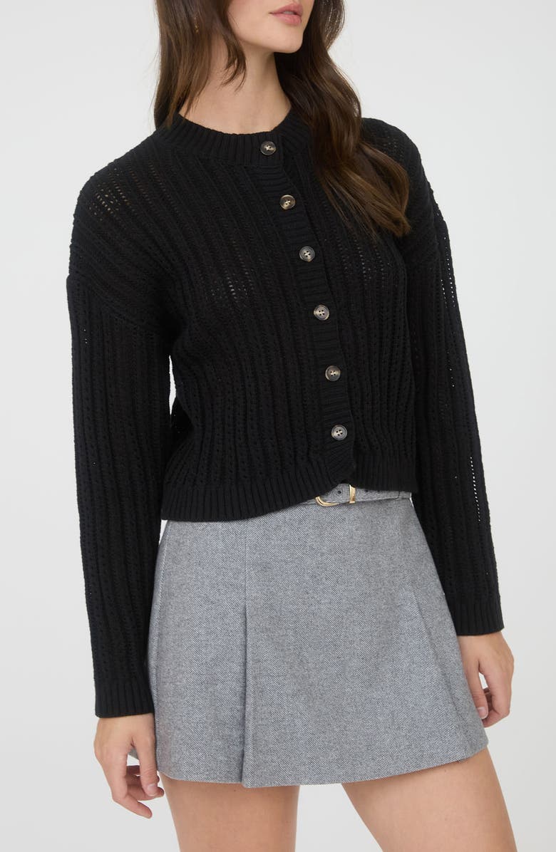 Blu Pepper Pointelle Button Front Crop Cardigan, Alternate, color, Black