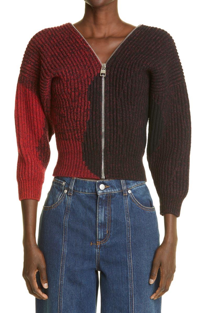 McQueen Alexander McQueen Anemone Intarsia Rib Wool Zip Sweater, Main, color,