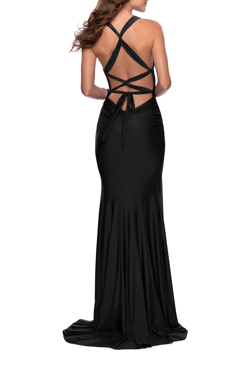 La Femme Sleek Prom Dress with Deep V-Neckline and Tie Back, Alternate, color, Black