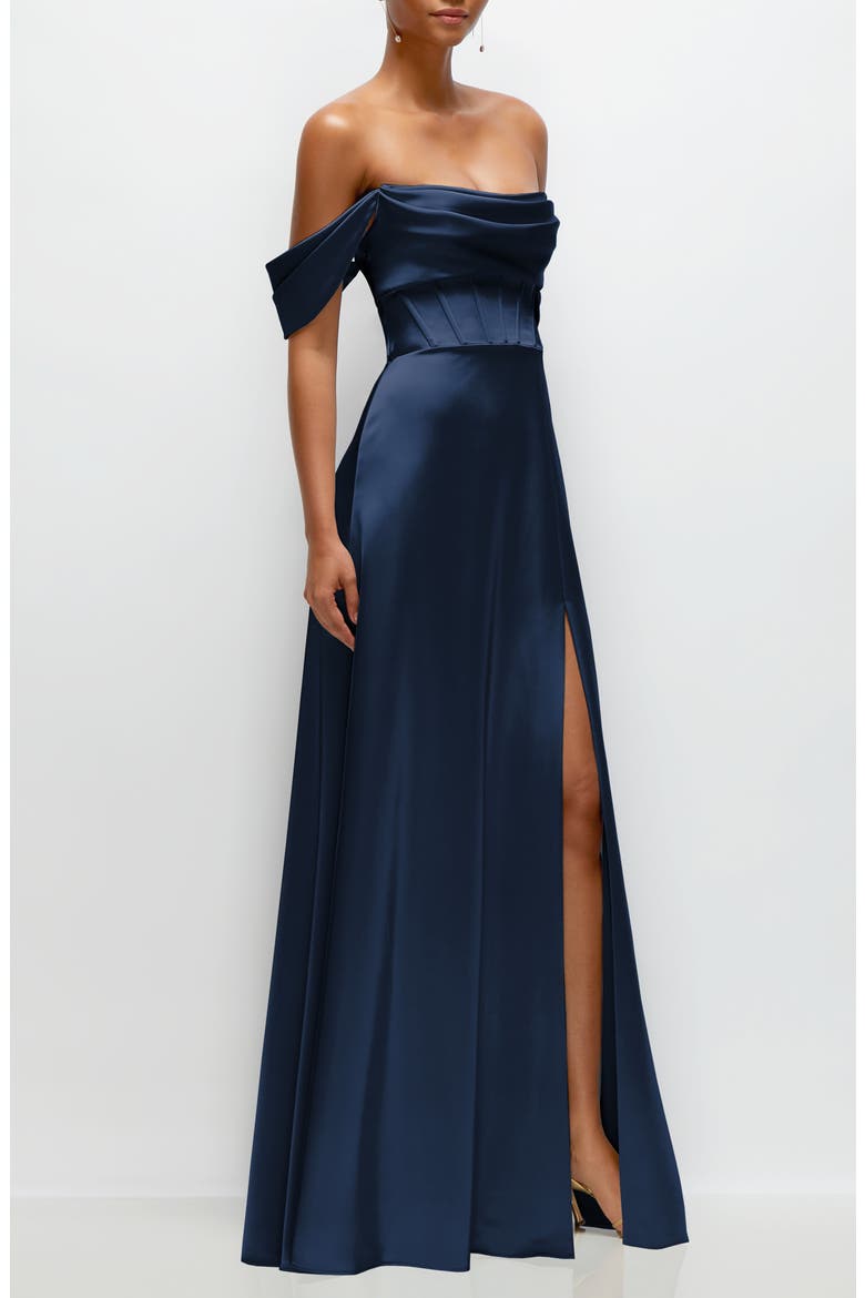 Off the Shoulder Satin Charmeuse Gown with Removable Sleeves, Alternate, color, MIDNIGHT