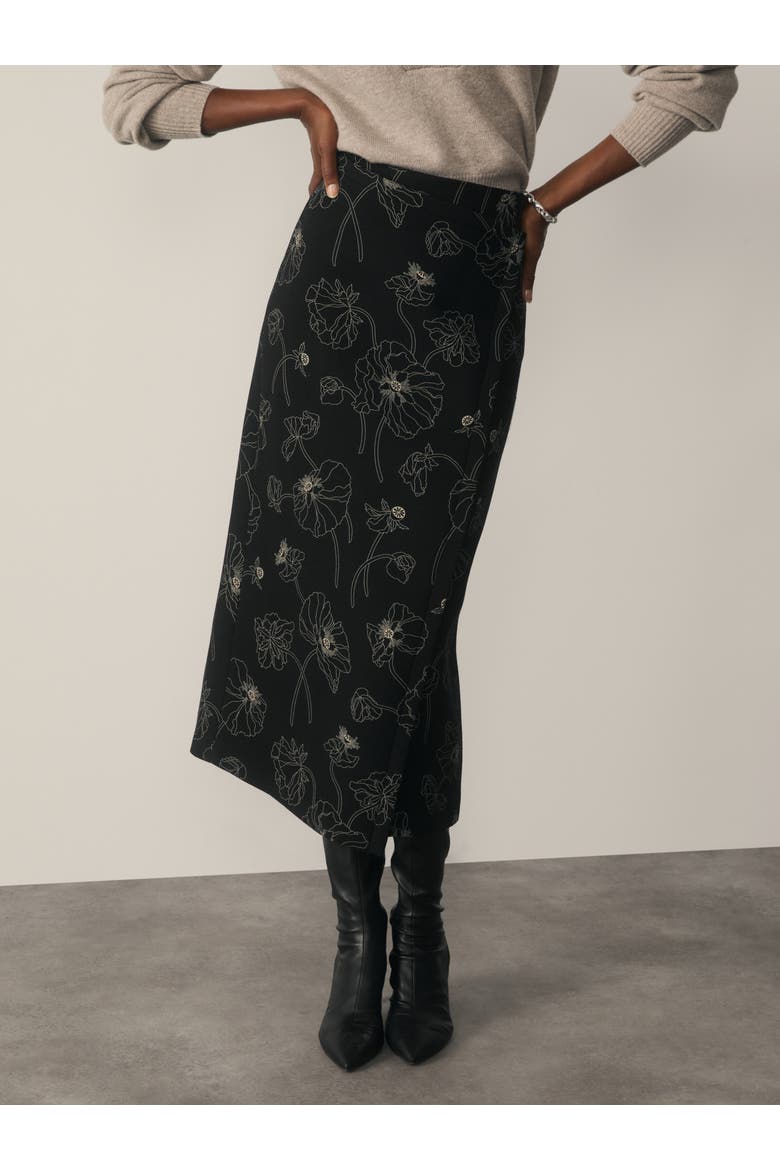 Mid Rise Printed Wool Midi Skirt, Main, color, Black