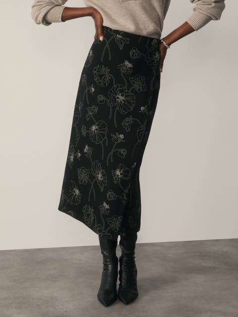 Mid Rise Printed Wool Midi Skirt