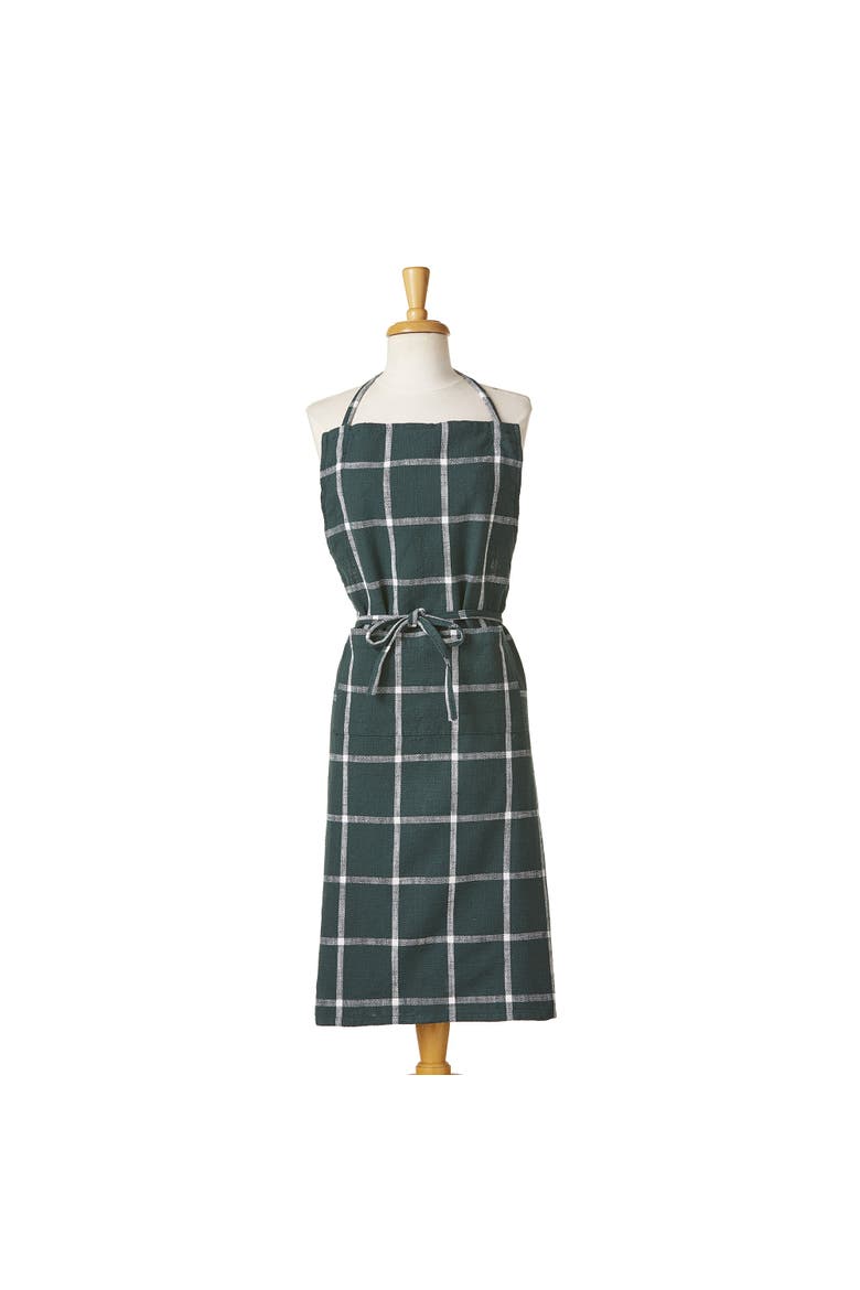 Classic Check Slub Bib Apron Large Pocket Waist Tie Dark Green, Main, color, Green
