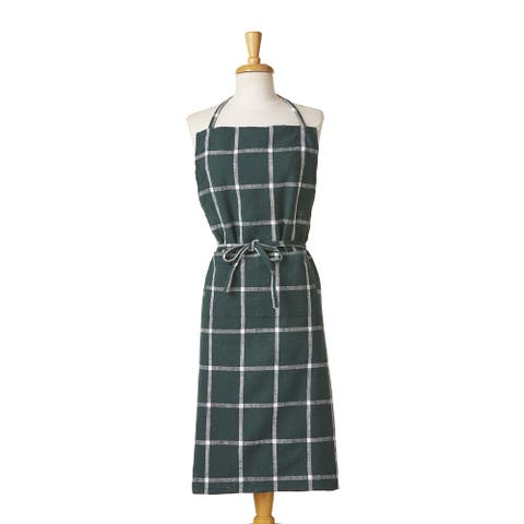 Classic Check Slub Bib Apron Large Pocket Waist Tie Dark Green