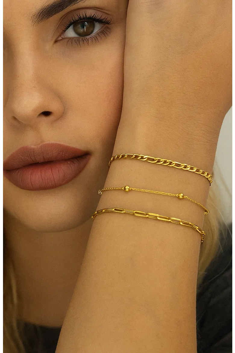 Adriana 3-Piece Stackable Bracelet Trio Set, Beaded, Figaro, Paperclip Link, Alternate, color, Gold