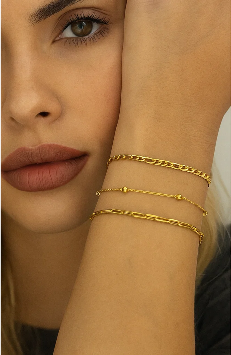 Hollywood Sensation Adriana 3-Piece Stackable Bracelet Trio Set, Beaded, Figaro, Paperclip Link, Alternate, color, Gold